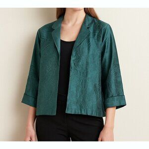 Anu Women’s Large Jewel Tone Teal Embroidered Open Jacket 3/4 Sleeve Luxe Chic